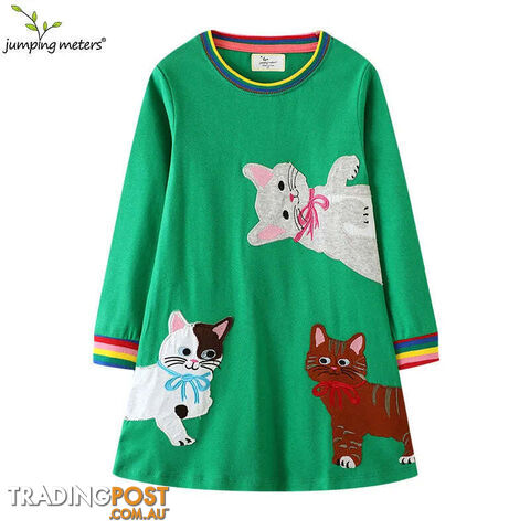 T7819 cats / 6TZippay Children's School Dresses With Pockets Pen Embroidery Long Sleeve Autumn Kids Preppy Style Dress