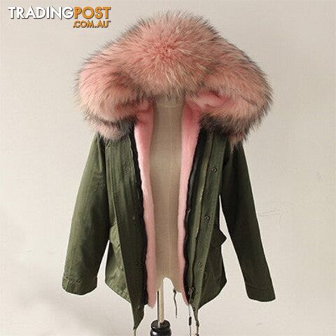 Green parka pink fur / XXLZippay Women Winter Army Green Jacket Coats Thick Parkas Plus Size Real Fur Collar Hooded Outwear