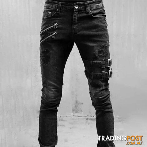 YLJ0019 black / XLZippay Retro Moto Biker Straight Elastic Jeans Men Zipper Hole Streetwear Punk Skinny Denim Cargo Pants Pantalones Hombre Y2K Clothing