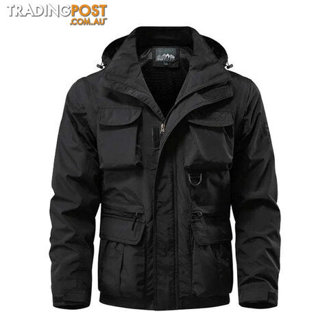 Black / MZippay Detachable windproof hooded jacket men's casual waterproof multi bag cargo jacket vest