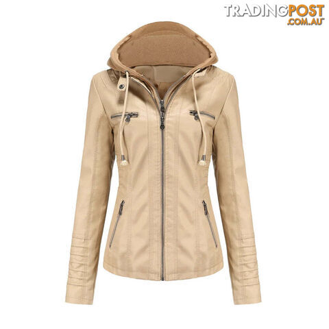 Ivory / XXXXLZippay Plus Size Women Hooded Leather Jacket Removable Leather Jacket