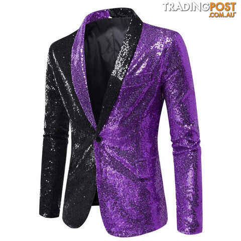 X22 Black Purple / US Size LZippay Shiny White Sequin Glitter Blazer for Men One Button Peak Collar Tuxedo Jacket Mens Wedding Groom Party Prom Stage