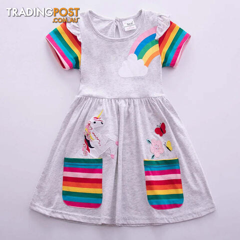 Gray / 5-6YZippay Girls Short Sleeve Unicorn Dress New Summer Embroidered Two Pockets Rainbow Sleeve