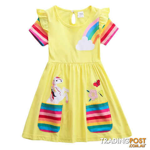 Yellow / 3-4YZippay Girls Short Sleeve Unicorn Dress New Summer Embroidered Two Pockets Rainbow Sleeve