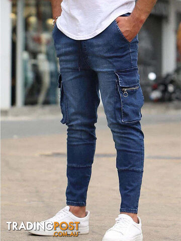 8820 Blue / M Waist 80cmZippay Men's Slim Fit Stretch Jeans Casual Fashion Multi Pocket Cargo Denim Pants High Street Men's Jeans Work Hip Hop Trousers