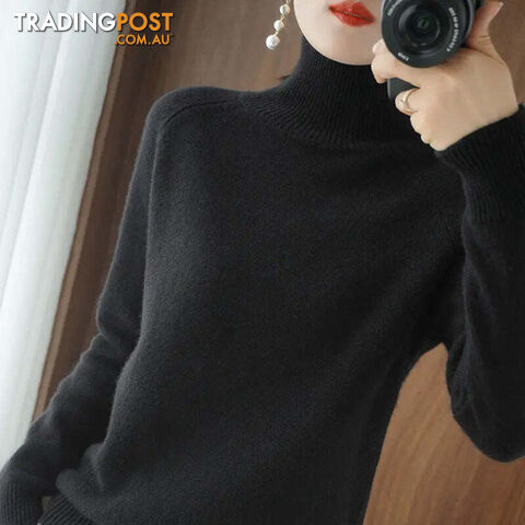 Black / MZippay Turtleneck Pullover Cashmere Sweater Women Pure Color Casual Long-sleeved Loose