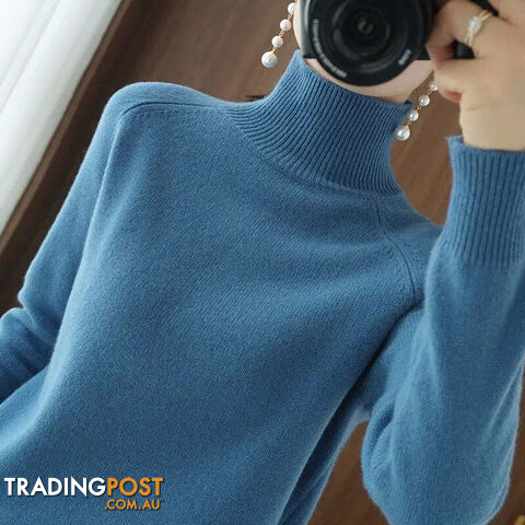 Blue / SZippay Turtleneck Pullover Cashmere Sweater Women Pure Color Casual Long-sleeved Loose