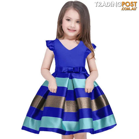 Blue / 9-10Zippay Girls Striped Flying Sleeve Bow Knot Colored Dress Birthday Party Wedding Flower