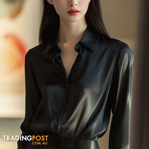 black / L(52.5-60)kgZippay Women's Solid Color Polo-Neck Button Elegant Loose Long Sleeve Versatile Unique Shirt Tops