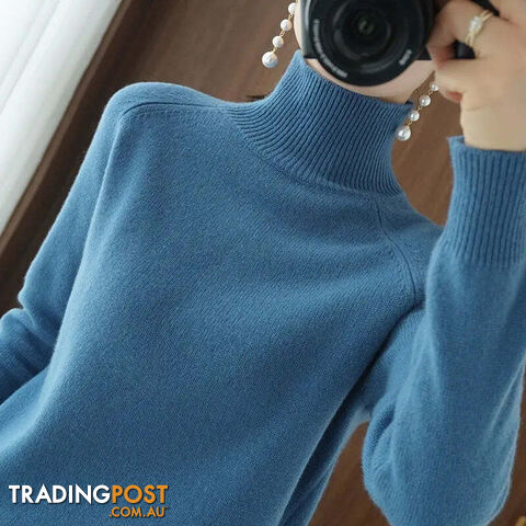 Blue / XLZippay Turtleneck Pullover Cashmere Sweater Women Pure Color Casual Long-sleeved Loose