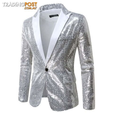 X36 Silver / US Size XLZippay Shiny White Sequin Glitter Blazer for Men One Button Peak Collar Tuxedo Jacket Mens Wedding Groom Party Prom Stage
