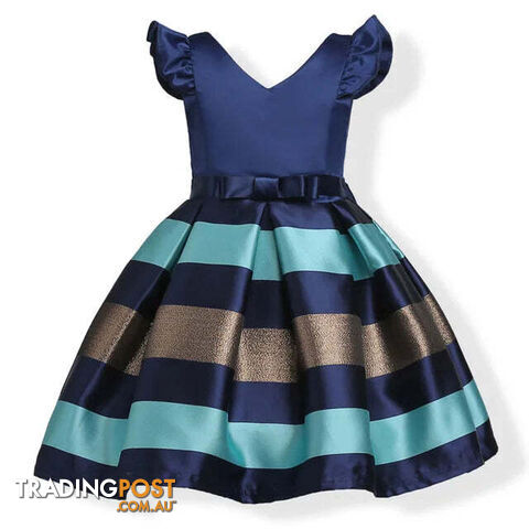 Navy / 5Zippay Girls Striped Flying Sleeve Bow Knot Colored Dress Birthday Party Wedding Flower