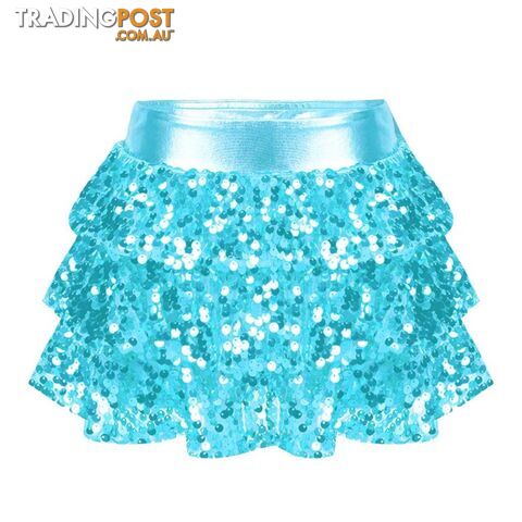 Light Blue / 16Zippay Kids Girls Shiny Sequins Tiered Ruffle Skirted Shorts Metallic Culottes for Latin Jazz Modern Dancing Stage Performance Costume