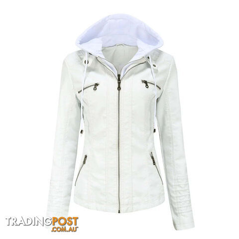WHITE / XLZippay Plus Size Women Hooded Leather Jacket Removable Leather Jacket