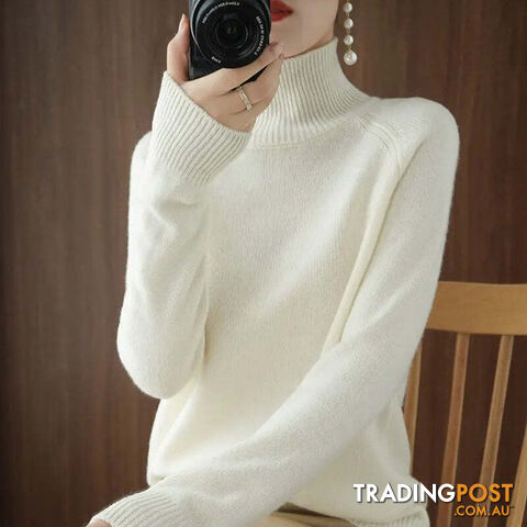 White / SZippay Turtleneck Pullover Cashmere Sweater Women Pure Color Casual Long-sleeved Loose