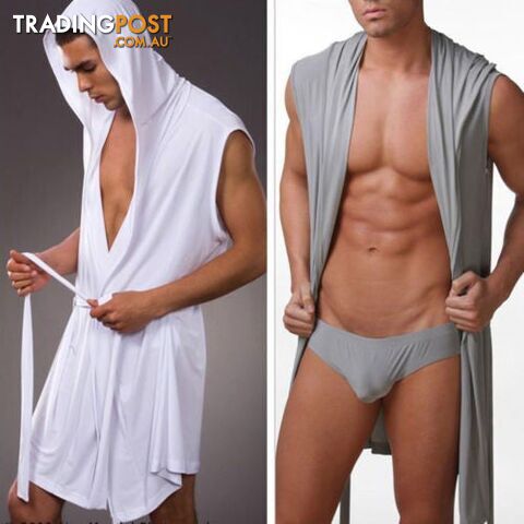 Gray / LZippay Men Leisure Underwear Lounge Robe Hooded Loungewear Meryl Silk Soft Gown Pajamas