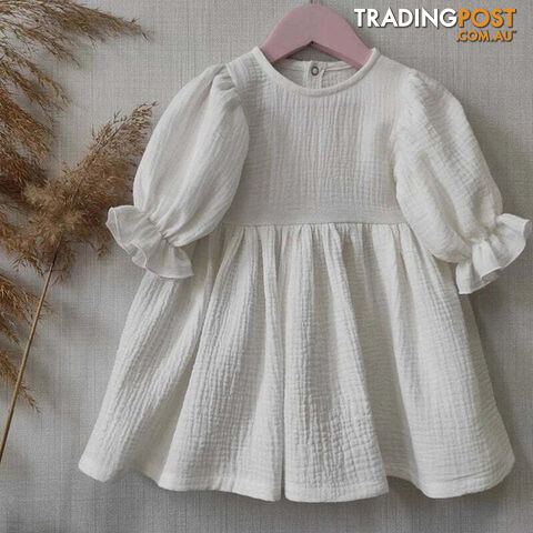 WHITE / 4TZippay Children's Organic Cotton Double Gauze Loose Pockets Baby Girls Dress Fashion Princess Casual Kids Dresses