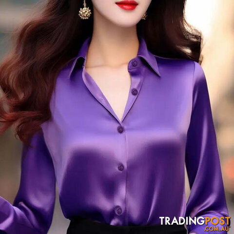 Purple / L(52.5-60)kgZippay Women's Solid Color Polo-Neck Button Elegant Loose Long Sleeve Versatile Unique Shirt Tops