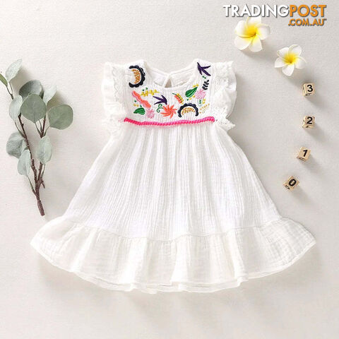 White / 90 (18-24M)Zippay Infant Baby Girls Cotton Linen Dresses Pleated Short Sleeve Delicate Embroidery Swing White Dress Summer Leisure Dress
