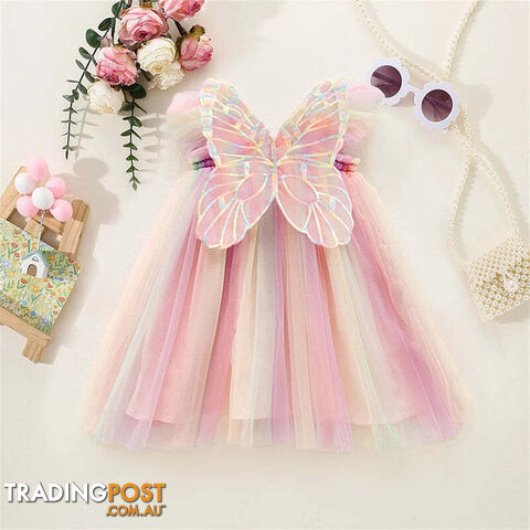 A01980-F / 18-24MZippay Butterfly Mesh Flying Sleeve Dress Girls Dresses Girls Summer Casual Wear Children's Clothes