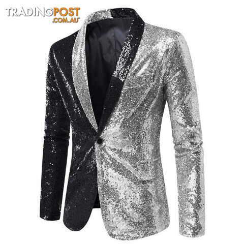 X22 Black Silver / US Size MZippay Shiny White Sequin Glitter Blazer for Men One Button Peak Collar Tuxedo Jacket Mens Wedding Groom Party Prom Stage