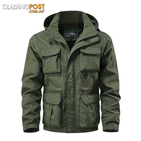 Army Green / XXXLZippay Detachable windproof hooded jacket men's casual waterproof multi bag cargo jacket vest