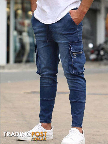 8820 Blue / XXL 92cmZippay Men's Slim Fit Stretch Jeans Casual Fashion Multi Pocket Cargo Denim Pants High Street Men's Jeans Work Hip Hop Trousers