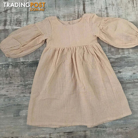 beige / 4TZippay Children's Organic Cotton Double Gauze Loose Pockets Baby Girls Dress Fashion Princess Casual Kids Dresses