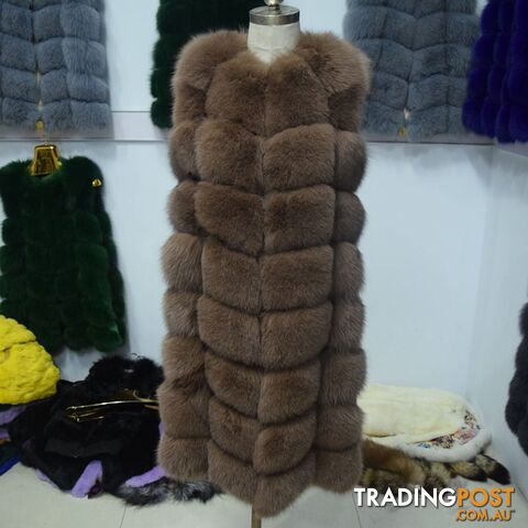 khaki / M chest 90cmZippay 90CM Natural Real Fox Fur Vest Winter Long Thick Women Genuine Fur Vest Jacket Pockets Real Fur Vest Coats for Women