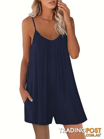 dark blue / LZippay Women's Casual Strap Shorts Solid Round Neck Loose Pocket Jumpsuit