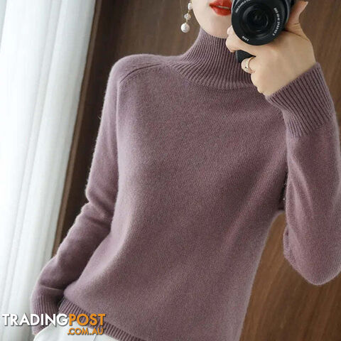 Dark Purple / LZippay Turtleneck Pullover Cashmere Sweater Women Pure Color Casual Long-sleeved Loose