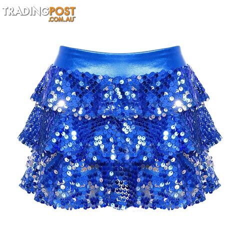 Royal Blue / 8Zippay Kids Girls Shiny Sequins Tiered Ruffle Skirted Shorts Metallic Culottes for Latin Jazz Modern Dancing Stage Performance Costume
