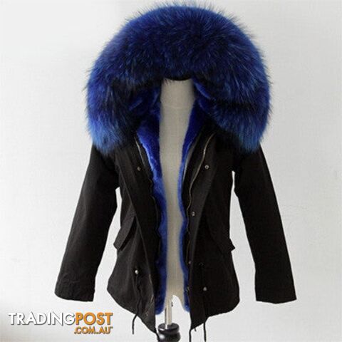 Black parka blue fur / XXLZippay Women Winter Army Green Jacket Coats Thick Parkas Plus Size Real Fur Collar Hooded Outwear
