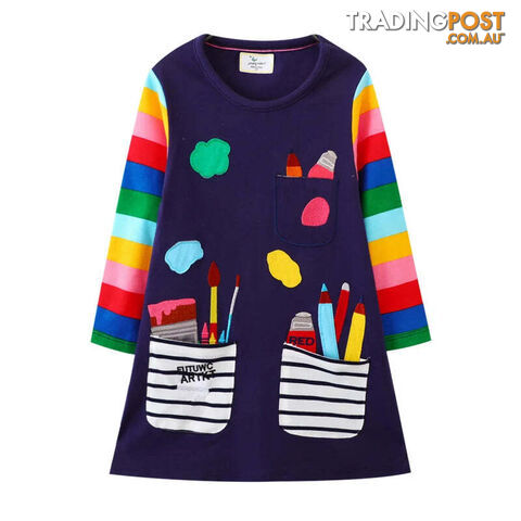 T7824 Navy / 6TZippay Children's School Dresses With Pockets Pen Embroidery Long Sleeve Autumn Kids Preppy Style Dress
