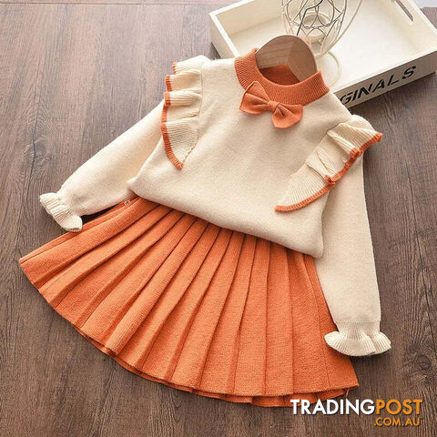 Orange / 2TZippay Casual Girls Dress Knitting Kids Suit Winter Long Sleeves Princess Top and Skirt 2pcs Outfits Sweater Kids Clothes