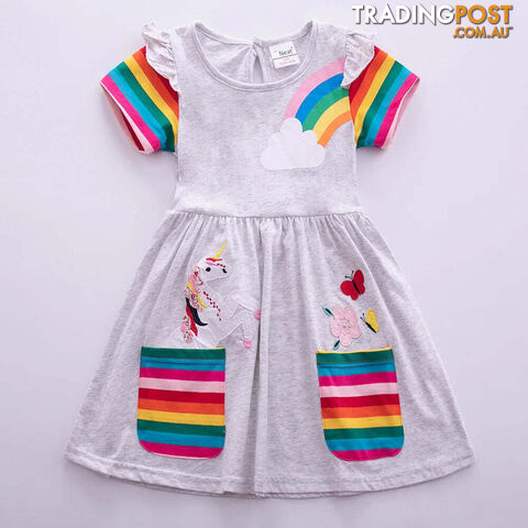 Gray / 4-5YZippay Girls Short Sleeve Unicorn Dress New Summer Embroidered Two Pockets Rainbow Sleeve