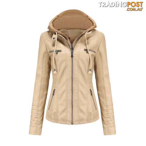 Ivory / XXXLZippay Plus Size Women Hooded Leather Jacket Removable Leather Jacket
