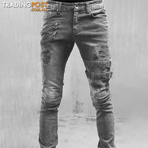 YLJ0019 grey / MZippay Retro Moto Biker Straight Elastic Jeans Men Zipper Hole Streetwear Punk Skinny Denim Cargo Pants Pantalones Hombre Y2K Clothing