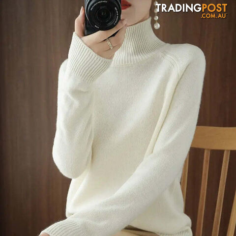 White / MZippay Turtleneck Pullover Cashmere Sweater Women Pure Color Casual Long-sleeved Loose