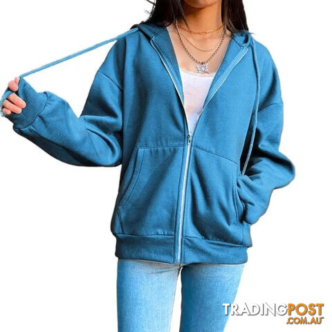 Blue / MZippay Fleece Hoodie Hooded Sweatshirts Long Sleeve Top Drawstring Pockets Loose Zipper Black Hoodies