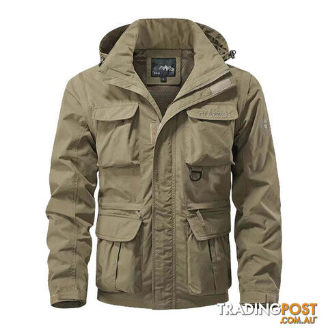 Khaki / XLZippay Detachable windproof hooded jacket men's casual waterproof multi bag cargo jacket vest