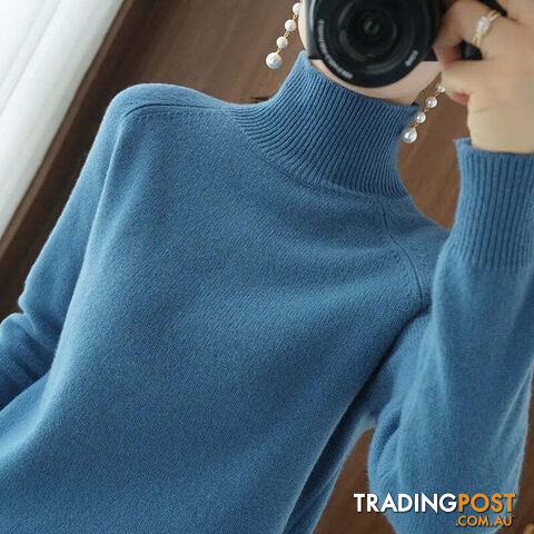 Blue / LZippay Turtleneck Pullover Cashmere Sweater Women Pure Color Casual Long-sleeved Loose