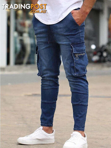 8820 Blue / L Waist 84cmZippay Men's Slim Fit Stretch Jeans Casual Fashion Multi Pocket Cargo Denim Pants High Street Men's Jeans Work Hip Hop Trousers