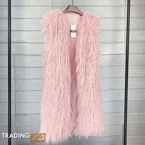 Pink / LZippay Faux Fur Women Long Vest Colorful Warm Faux Fur Big Size Plush Coats Female Jacket Autumn Winter Furry