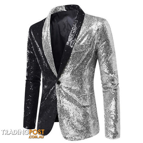 X22 Black Silver / US Size XXLZippay Shiny White Sequin Glitter Blazer for Men One Button Peak Collar Tuxedo Jacket Mens Wedding Groom Party Prom Stage