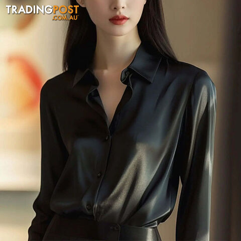 black / S(40-47.5)kgZippay Women's Solid Color Polo-Neck Button Elegant Loose Long Sleeve Versatile Unique Shirt Tops