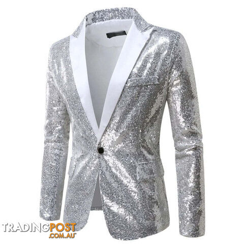 X36 Silver / US Size SZippay Shiny White Sequin Glitter Blazer for Men One Button Peak Collar Tuxedo Jacket Mens Wedding Groom Party Prom Stage