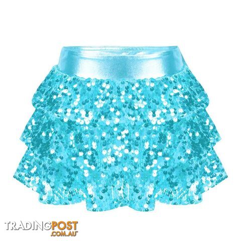 Light Blue / 14Zippay Kids Girls Shiny Sequins Tiered Ruffle Skirted Shorts Metallic Culottes for Latin Jazz Modern Dancing Stage Performance Costume
