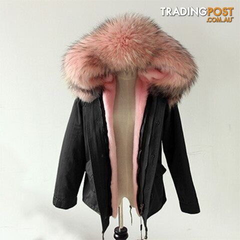Black parka pink fur / MZippay Women Winter Army Green Jacket Coats Thick Parkas Plus Size Real Fur Collar Hooded Outwear