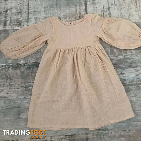 beige / 2TZippay Children's Organic Cotton Double Gauze Loose Pockets Baby Girls Dress Fashion Princess Casual Kids Dresses